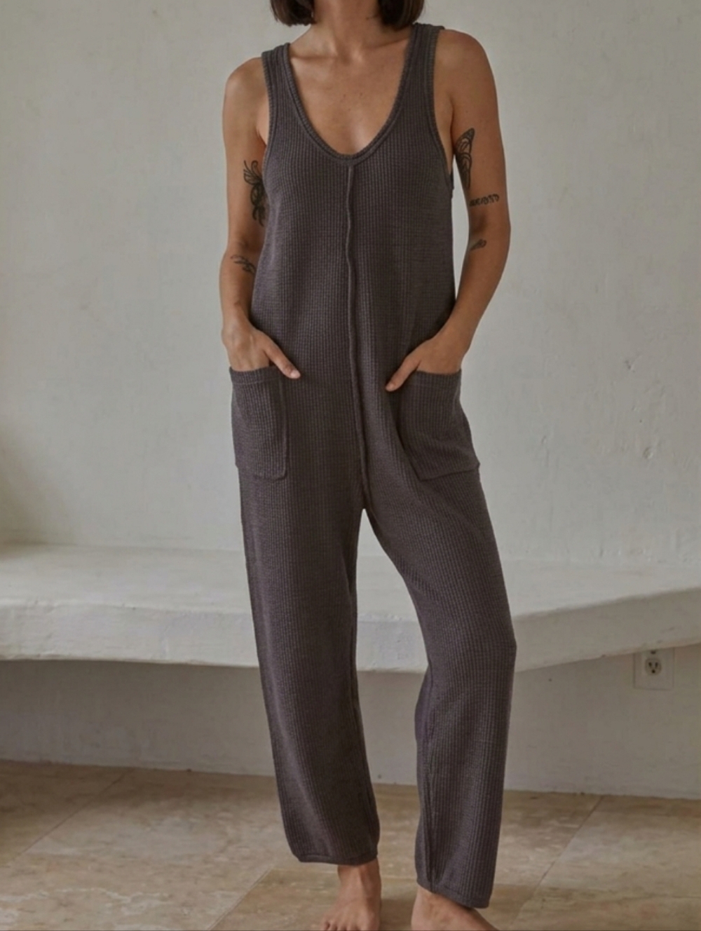 By Together Waffle Jumper Jumpsuit Boho Slouchy Beachy Coastal 100% Cotton Brown